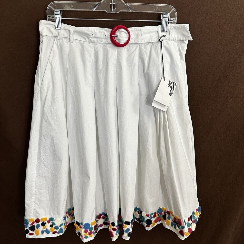 NEW Love Moschino Embellished Flare Skirt Size 12 White Confetti Belted Cotton